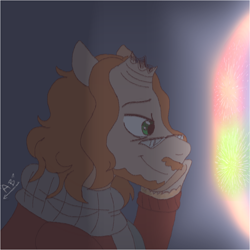 Size: 1000x1000 | Tagged: safe, artist:fancytreats, oc, oc only, oc:willowbake, unicorn, broken horn, clothes, colored, digital art, ears back, eyebrows, fireworks, glasses, horn, krita, looking at something, looking out the window, male, scarf, side view, smiling, stallion, stallion oc, unicorn oc, unshorn fetlocks, window