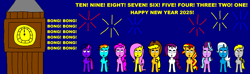 Size: 3384x1000 | Tagged: safe, artist:samueljcollins1990, applejack, derpy hooves, fluttershy, pinkie pie, rainbow dash, rarity, starlight glimmer, sunset shimmer, trixie, twilight sparkle, g4, big ben, fireworks, happy new year, holiday