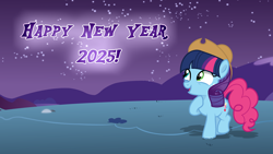 Size: 1920x1080 | Tagged: safe, artist:miss-diamaentye, oc, earth pony, pony, g4, 2025, base used, fusion, fusion:applejack, fusion:pinkie pie, fusion:rarity, fusion:twilight sparkle, happy new year, happy new year 2025, hat, holiday, night, outdoors, solo