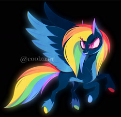 Size: 1585x1533 | Tagged: safe, artist:coolzaart, rainbow dash, pegasus, pony, black background, colored hooves, evil smile, female, hooves, mare, nightmare rainbow dash, nightmarified, signature, simple background, smiling, solo