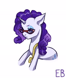 Size: 1725x2048 | Tagged: safe, artist:ebo0o, rarity, pony, unicorn, bust, female, glasses, horn, mare, measuring tape, portrait, rarity's glasses, signature, simple background, solo, white background