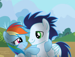 Size: 1280x968 | Tagged: safe, artist:soarindasher10, rainbow dash, soarin', pegasus, pony, blushing, female, looking at each other, looking at someone, male, mare, ship:soarindash, shipping, smiling, smiling at each other, stallion, straight