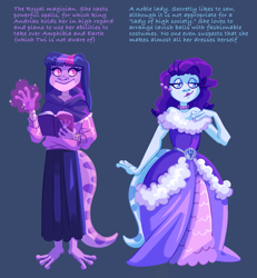 Size: 1779x1925 | Tagged: safe, artist:irisikiki, part of a set, rarity, twilight sparkle, g4, amphibia, bare shoulders, blue background, book, clothes, dark blue background, dress, duo, duo female, female, jewelry, magic, necklace, pearl necklace, simple background, species swap, text