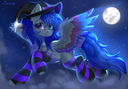 Size: 9035x6314 | Tagged: oc name needed, safe, artist:lunylin, oc, oc only, pegasus, pony, absurd resolution, cheek fluff, chest fluff, clothes, cloud, colored wings, commission, ear fluff, eye clipping through hair, female, flying, full moon, hat, looking at you, mare, moon, multicolored wings, night, night sky, outdoors, pegasus oc, sky, smiling, smiling at you, socks, solo, spread wings, stars, striped socks, wings, witch hat, ych result