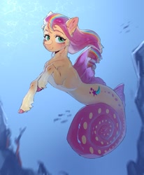 Size: 1685x2048 | Tagged: safe, artist:crayonin_wolf, idw, sunny starscout, seahorse, seapony (g4), g5, my little pony: set your sail, coat markings, colored, eyebrows, female, long mane, long tail, looking at you, mane stripe sunny, ribcage, seaponified, seapony sunny starscout, smiling, smiling at you, socks (coat markings), species swap, sternocleidomastoid, tail, underwater, unshorn fetlocks, water