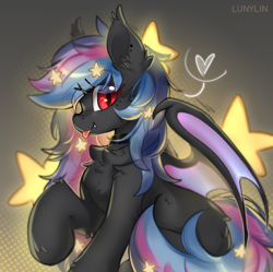 Size: 5527x5502 | Tagged: oc name needed, safe, artist:lunylin, oc, oc only, bat pony, pony, absurd resolution, bat pony oc, bat wings, chest fluff, commission, ear fluff, ear tufts, fangs, female, heart, mare, partially open wings, slit pupils, solo, tongue out, wings, ych result