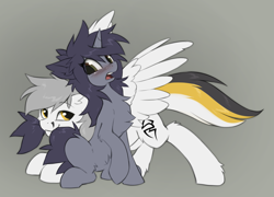 Size: 1469x1055 | Tagged: safe, artist:hioshiru, oc, oc only, oc:kate, oc:kej, pegasus, pony, unicorn, belly fluff, biting, black and yellow, blushing, chest fluff, duo, duo male and female, ear fluff, female, horn, k+k, leg fluff, looking at each other, looking at someone, male, mare, nom, oc x oc, open mouth, pegasus oc, raised hoof, shipping, sitting, slender, spread wings, stallion, straight, striped tail, tail, tail bite, thin, unicorn oc, wings