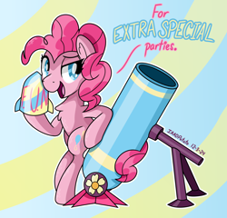 Size: 2158x2072 | Tagged: safe, artist:notadeliciouspotato, pinkie pie, earth pony, pony, g4, abstract background, bipedal, bipedal leaning, chest fluff, female, leaning, lidded eyes, mare, mortar, open mouth, open smile, partillery, rocket, signature, smiling, solo, speech bubble