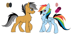 Size: 1590x783 | Tagged: dead source, safe, artist:hioshiru, quibble pants, rainbow dash, earth pony, pegasus, pony, comic:tale road, g4, chest fluff, duo, duo male and female, female, folded wings, male, mare, profile, side view, simple background, stallion, tail, wings