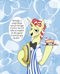 Size: 2394x2953 | Tagged: safe, flim, unicorn, g4, blushing, bowtie, cake, food, horn, looking at you