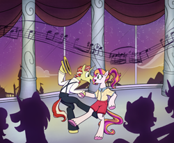 Size: 4976x4096 | Tagged: safe, flim, oc, alicorn, pegasus, g4, ballroom, canon x oc, dancing, music notes, night, shipping