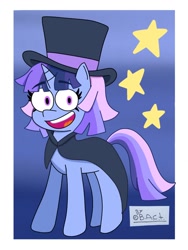 Size: 780x1040 | Tagged: safe, artist:garybaldor, oc, oc only, oc:flawless sparklemoon, pony, unicorn, cape, clothes, female, fusion, fusion:trixie, fusion:twilight sparkle, fusion:twixie, gradient background, hat, horn, mare, signature, smiling, solo, stars