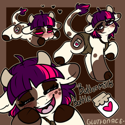 Size: 2000x2000 | Tagged: safe, artist:sexygoatgod, oc, oc only, oc:buttermilk bottle, cow, cow pony, hybrid, pony, bust, chibi, clothes, cloven hooves, female, jumart, laughing, passepartout, reference sheet, solo