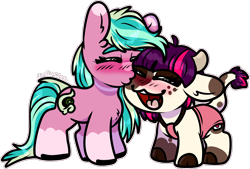 Size: 1852x1255 | Tagged: safe, artist:sexygoatgod, oc, oc only, oc:buttermilk bottle, oc:kiwi breezy, cow, cow pony, cusige, hybrid, original species, pony, bust, cheek kiss, chibi, clothes, cloven hooves, duo, female, height difference, intersex, jumart, kissing, laughing, reference sheet