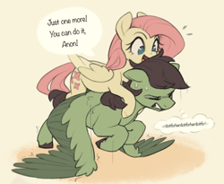 Size: 1849x1516 | Tagged: safe, artist:nookprint, fluttershy, oc, oc:anon, oc:anon stallion, pegasus, pony, g4, duo, duo male and female, eyes closed, female, gritted teeth, male, mare, on top, speech bubble, stallion, teeth, thought bubble, wing-ups