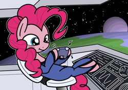 Size: 1280x905 | Tagged: safe, artist:ewoudcponies, pinkie pie, earth pony, pony, g4, blush sticker, blushing, clothes, controller, dexterous hooves, female, hoof hold, mare, music notes, planet, sitting, smiling, solo, space, spaceship, uniform