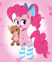 Size: 2500x3000 | Tagged: safe, artist:spoonie, pinkie pie, bear, earth pony, pony, g4, bipedal, bow, clothes, cute, diapinkes, female, hair bow, happy, heart, heart eyes, mare, open mouth, open smile, plushie, smiling, socks, solo, teddy bear, wingding eyes