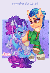 Size: 1984x2880 | Tagged: safe, artist:zackchibi, hitch trailblazer, misty brightdawn, earth pony, pony, unicorn, g5, armor, clothes, cosplay, costume, duo, duo male and female, female, high res, horn, hunter x hunter, jacket, male, mare, passepartout, ponytober, ponytober 2024, rebirth misty, signature, sitting, spear, stallion, text, weapon