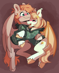 Size: 2000x2500 | Tagged: safe, artist:lionbun, oc, oc:honey milk, oc:jarvis yarbrough, bat pony, pegasus, bat pony oc, blushing, christmas sweater, clothes, commission, couple, cute, female, hoodie, hug, male, mare, pegasus oc, stallion, sweater, wholesome, ych result