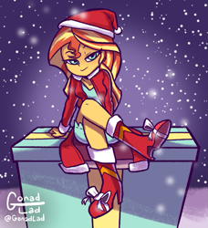 Size: 595x652 | Tagged: safe, artist:gonadlad, sunset shimmer, human, equestria girls, g4, christmas, crossed legs, female, hat, holiday, present, santa hat, sitting, snow, snowfall, solo