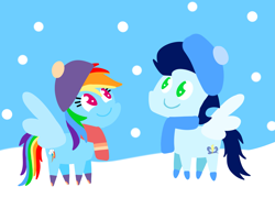 Size: 3475x2498 | Tagged: safe, anonymous artist, derpibooru exclusive, rainbow dash, soarin', pegasus, pony, series:soarindash winter, female, male, mare, pointy ponies, ship:soarindash, shipping, smiling, snow, snowflake, stallion, straight, winter, winter clothes