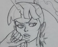 Size: 1892x1513 | Tagged: safe, artist:public mistake, twilight sparkle, human, equestria girls, g4, alternate hairstyle, breasts, bust, busty twilight sparkle, ear piercing, earring, elf ears, female, grayscale, jewelry, long nails, monochrome, pencil drawing, piercing, ponytail, solo, traditional art, wip