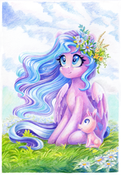 Size: 895x1294 | Tagged: safe, artist:maytee, flitterheart, pegasus, pig, pony, g4, colored pencil drawing, floral head wreath, flower, sitting, smiling, traditional art