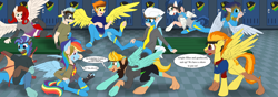 Size: 7016x2480 | Tagged: safe, artist:settop, blaze, fleetfoot, high winds, lightning dust, rainbow dash, soarin', spitfire, thunderlane, oc, oc:gingersnaps, human, pegasus, pony, g4, absurd resolution, clothes, costume, female, group, human to pony, locker room, male, shadowbolts costume, sitting, speech bubble, uniform, wonderbolts, wonderbolts uniform