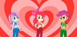 Size: 827x397 | Tagged: safe, artist:warioman69, editor:warioman69, apple bloom, scootaloo, sweetie belle, human, equestria girls, g4, clothes, cutie mark crusaders, exposed belly, female, midriff, sleeveless, tank top, the powerpuff girls, trio, trio female