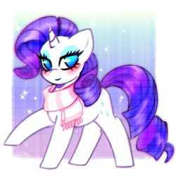 Size: 1410x1410 | Tagged: safe, artist:pozya1007, rarity, unicorn, g4, clothes, cute, horn, looking at you, scarf, simple background, solo