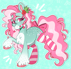 Size: 1326x1280 | Tagged: safe, artist:wanderingpegasus, minty, earth pony, pony, g3, bow, candy, candy cane, cheek fluff, chest fluff, clothes, coat markings, emanata, eyeshadow, facial markings, female, food, freckles, gradient legs, holly, hoof heart, makeup, mare, mouth hold, neck freckles, pale belly, patterned backgrund, pink eyes, raised hoof, shiny hooves, snip (coat marking), socks, solo, sprinkles, standing on two hooves, striped socks, tail, tail bow, underhoof, unshorn fetlocks