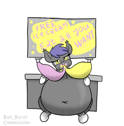 Size: 1186x1208 | Tagged: safe, artist:bun_burst, oc, oc only, oc:midnight blossom, bat pony, pony, belly, big belly, chubby, commission, fat, feeding, food, huge belly, ice cream, impossibly large belly, inflation, solo, stuffing