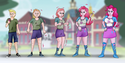 Size: 1600x809 | Tagged: safe, artist:tf-plaza, pinkie pie, human, equestria girls, g4, clothes, cupcake, female, food, male, male to female, rule 63, transformation, transformation sequence, transforming clothes, transgender transformation