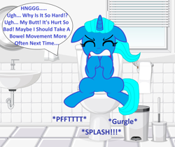 Size: 3552x3000 | Tagged: safe, artist:memeartboi, pony, unicorn, g4, bathroom, big one, biting, but why, constipated, cute, eyes closed, female, grunt, grunting, hnnng, hoof biting, horn, imminent flush, implied farting, implied pooping, indoors, mare, massive, mother, nicole watterson, onomatopoeia, ponified, pushing, sink, sitting, sitting on toilet, solo, sound effects, speech bubble, struggle, struggling, teeth, text, the amazing world of gumball, toilet, toilet humor, toilet paper, trash can, unicorn horn