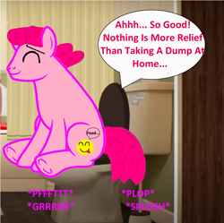 Size: 2512x2504 | Tagged: safe, artist:memeartboi, earth pony, pony, g4, ahhh, bathroom, big one, buff, but why, eyes closed, father, imminent flush, implied farting, implied pooping, indoors, loud, male, massive, muscles, onomatopoeia, ponified, relaxed, relief, relieved, richard watterson, sitting, sitting on toilet, smiling, solo, sound effects, speech bubble, stallion, text, the amazing world of gumball, toilet, toilet humor