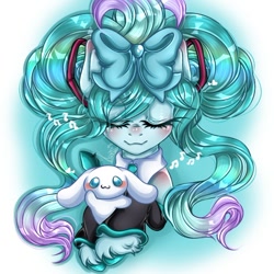 Size: 720x721 | Tagged: safe, alternate version, artist:kayomii, dog, earth pony, pony, anime, bow, cinnamoroll, clothes, duo, female, hair bow, hatsune miku, leg warmers, mare, necktie, ponified, shirtless shirt collar, unshorn fetlocks, vocaloid