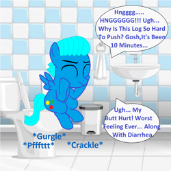 Size: 3016x3008 | Tagged: safe, artist:memeartboi, pegasus, pony, g4, bathroom, but why, colt, constipated, cute, eyes closed, foal, grunt, grunting, gumball watterson, hnnng, imminent flush, implied farting, implied pooping, indoors, male, onomatopoeia, pegasus wings, ponified, pushing, sink, sitting, sitting on toilet, solo, sound effects, speech bubble, spread wings, struggle, struggling, text, the amazing world of gumball, toilet, toilet humor, trash can, ugh, wings