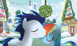 Size: 1280x765 | Tagged: safe, artist:soarindasher10, rainbow dash, soarin', pegasus, pony, blushing, eyes closed, female, forehead kiss, kissing, male, mare, mistletoe, ship:soarindash, shipping, smiling, stallion, straight