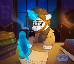 Size: 2048x1762 | Tagged: safe, artist:skysorbett, oc, oc only, pony, unicorn, ashtray, beard, book, cigarette, determined, eyebrows, facial hair, feather, glasses, glowing, glowing horn, horn, indoors, lamp, magic, magic aura, male, night, night sky, paper, room, sky, smoke, solo, stallion, table, tapestry, telekinesis, window, writing