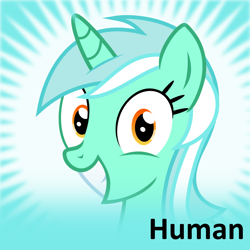 Size: 1024x1024 | Tagged: safe, lyra heartstrings, human, derpibooru, g4, female, grin, humie, irrational exuberance, meta, official spoiler image, smiling, solo, spoilered image joke, that pony sure does love humans