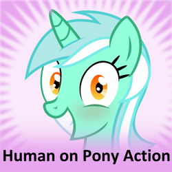 Size: 1024x1024 | Tagged: safe, lyra heartstrings, human, pony, derpibooru, g4, blushing, female, human on pony action, interspecies, irrational exuberance, meta, smiling, solo, spoilered image joke, that pony sure does love humans