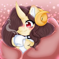 Size: 736x737 | Tagged: safe, artist:kayomii, oc, oc only, pony, abstract background, blanket, choker, curved horn, ear piercing, earring, female, horn, horns, jewelry, mare, mug, old art, piercing, solo, spiked choker