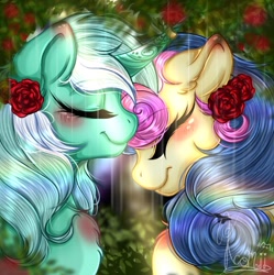 Size: 720x723 | Tagged: safe, artist:kayomii, bon bon, lyra heartstrings, sweetie drops, earth pony, pony, unicorn, blushing, duo, female, flower, flower in hair, horn, horn ring, lesbian, mare, rain, ring, ship:lyrabon, shipping