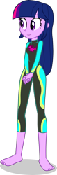 Size: 1281x3926 | Tagged: safe, alternate version, artist:dustinwatsongkx, twilight sparkle, human, equestria girls, g4, my little pony equestria girls: better together, accessory swap, barefoot, clothes, clothes swap, feet, female, fluttershy's wetsuit, simple background, solo, swimsuit, swimsuit swap, transparent background, vector, wetsuit