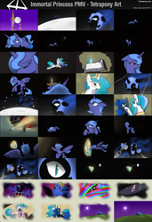 Size: 1922x2812 | Tagged: safe, artist:tetrapony, king sombra, nightmare moon, princess celestia, princess luna, twilight sparkle, alicorn, unicorn, g4, 2014, artifact, banishment, canterlot, chains, female, horn, link in description, male, mare, moon, night, old art, rainbow, royal sisters, s1 luna, siblings, sisters, together, twilight sparkle (alicorn), unicorn twilight