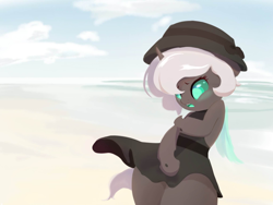 Size: 2048x1536 | Tagged: safe, artist:dulldi, oc, oc only, oc:kitu elder, changeling, changeling queen, semi-anthro, equestria at war mod, beach, bipedal, blushing, clothes, dress, embarrassed, fangs, female, gray coat, horn, outdoors, skirt, skirt pull, sundress, teal eyes, thighs, thunder thighs, trident, wardrobe malfunction, white mane, wind, wings