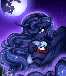 Size: 693x794 | Tagged: safe, artist:kayomii, princess luna, alicorn, pony, unicorn, baby, baby pony, duo, female, foal, full moon, hijo de la luna, hoof shoes, horn, jewelry, mare, moon, night, regalia, shooting star