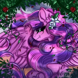 Size: 720x723 | Tagged: safe, artist:kayomii, oc, oc only, pegasus, pony, black sclera, female, flower, flower in hair, mare, solo, spread wings, wings