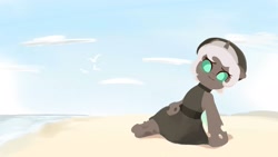 Size: 2048x1152 | Tagged: safe, artist:dulldi, oc, oc only, oc:kitu elder, changeling, changeling queen, equestria at war mod, beach, blushing, clothes, dress, fangs, female, gray coat, hat, horn, looking at camera, looking at you, ocean, outdoors, pose, sun hat, sundress, teal eyes, trident, water, white mane, wings