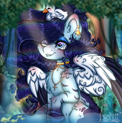 Size: 720x723 | Tagged: safe, artist:kayomii, oc, oc only, bird, duck, pegasus, pony, choker, ear piercing, earring, female, jewelry, mare, necklace, piercing, solo, spread wings, wings